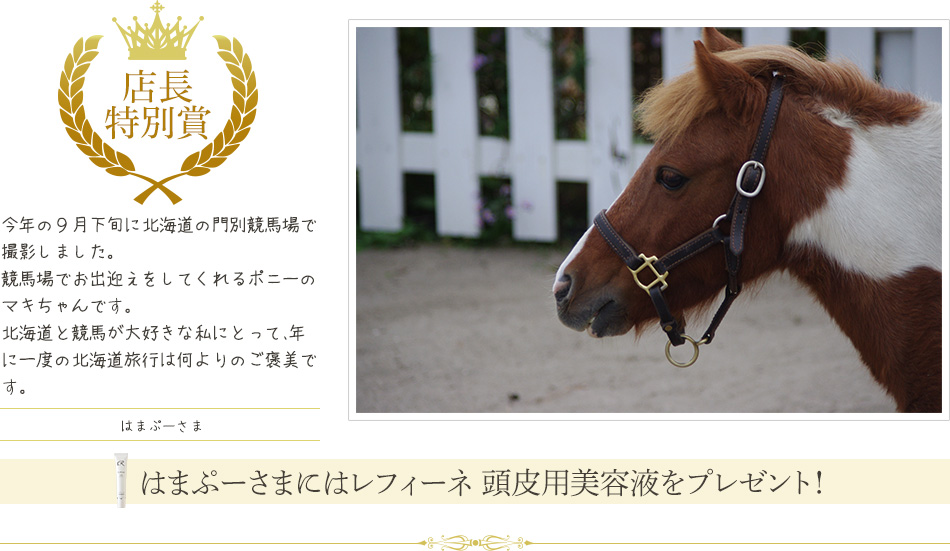 店長特別賞：今年の９月下旬に北海道の門別競馬場で撮影しました。競馬場でお出迎えをしてくれるポニーのマキちゃんです。北海道と競馬が大好きな私にとって、年に一度の北海道旅行は何よりのご褒美です。はまぷーさま